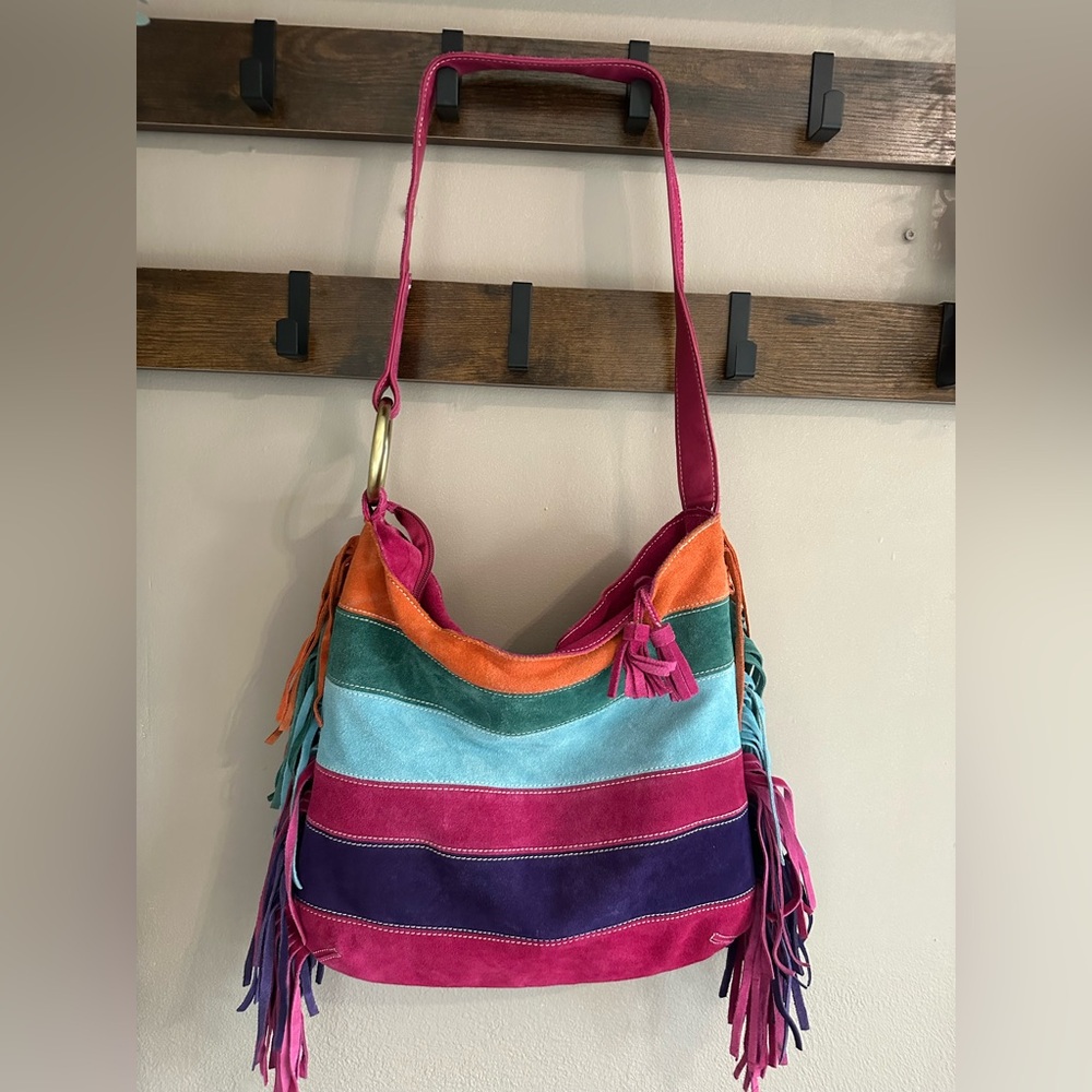 Multi-Color Suede Leather Fringe Shoulder Bag - Stripe Accent